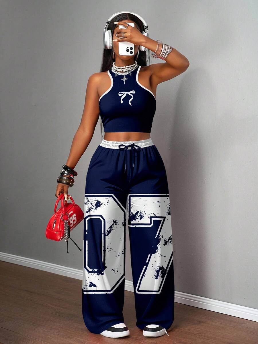 Slaydiva 2pcs/Set Women Casual Street Style Tight Camisole And Loose Pants Suit, Suitable For Street Wear