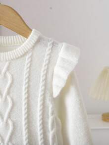 SHEIN 新生女婴可爱白色荷叶边长袖针织连体衣（带帽），秋冬 - 白色 - 查看 7