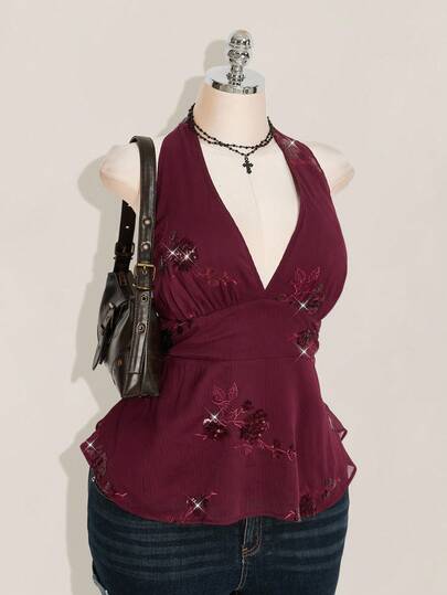 SHEIN ICON Women's Plus Size Sexy Avant-Garde Fashion Party Dance Dress Burgundy Chiffon Sequins Beads Embroidered
Fabric Halter Neck Loose Hem Slim Fit Camisole
