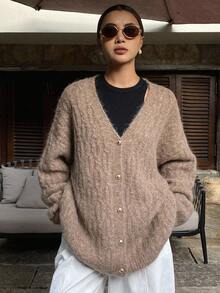 DAZY Women's Loose V-Neck Casual Cardigan, Autumn - Brown - View 3