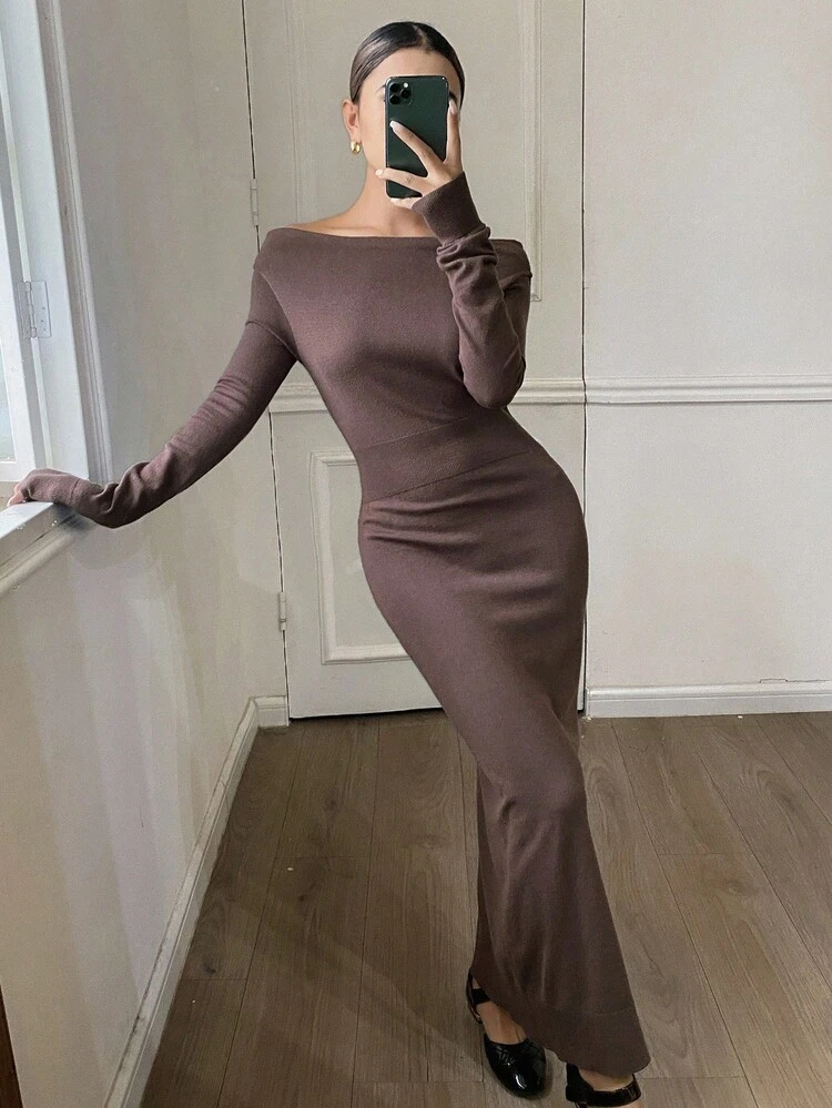 Women's Solid Color Off Shoulder Long Sleeve Fitted Elegant Knit Dress, Autumn/Winter Sweater Dress