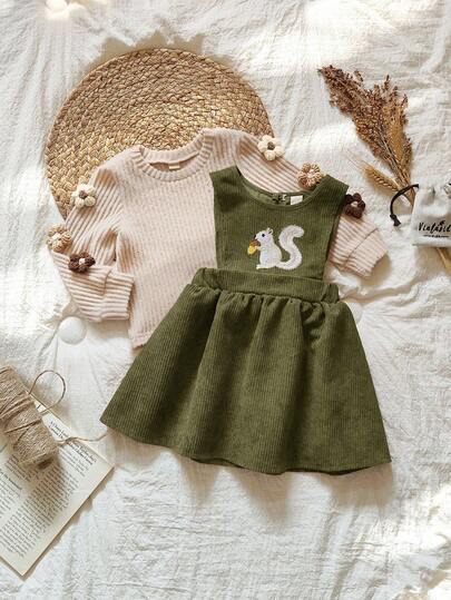 SHEIN Vintaside Kids 女婴可爱刺绣松鼠图案长袖连衣裙，背带裙套装，可爱甜美，适合各种场合，秋冬