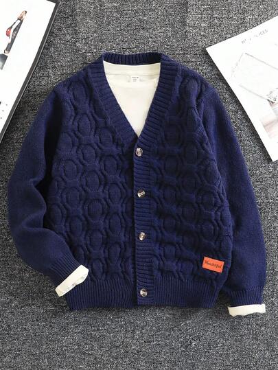 SHEIN Tween Boys' Casual Patch-Down Long Sleeve Cardigan Suitable For Birthday Parties, Evening Parties, Performances, Weddings, Baptisms, Opening Ceremonies Daily Suitable For Daily Use Suitable For School Suitable For Travel Suitable For Sports Suitable For Autumn And Winter