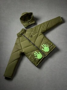 Manfinity Roghcode Men's Olive Green Winter Streetwear Zip-Up Hooded Long Sleeve Coat,Detachable Hood,Letter & Palm Print Design,Casual Work Outings,Autumn/Winter Gift - Green - View 3