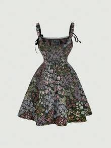 SHEIN MOD 女士花卉提花蝴蝶结装饰优雅吊带背心连衣裙 - 彩色 - 查看 3