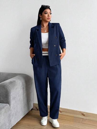 Vionelle 大码复古双排扣西装外套和锥形裤两件套，春秋季女士西装，曲线商务休闲装，大码裤装套装，蓝色西装，女士西装套装，女士西装