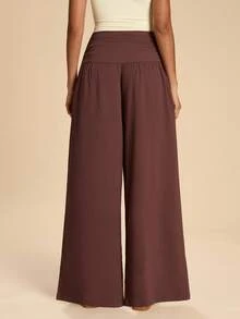 Travachic Women's Casual Solid Color Pleated High Waist Loose Brown Wide Leg Pants, Elegant Pant, Casual Style,Going Out Outfits