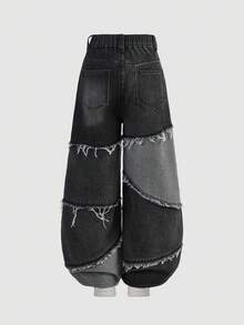 SHEIN Girlism Tween Girls Y2k 水洗做旧浅色和深蓝色拼接毛边宽松牛仔阔腿裤，适合女孩春夏街头服饰 - 黑色 - 查看 2