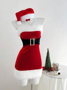 Elamini 1pc Contrast Color Strapless Bodycon Mini Dress With Metallic Buckle Decor, Suitable For Christmas, New Year Party, Stage Performance, Cosplay, Sexy Club Wear