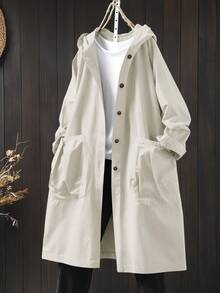 Linhara 大码休闲连帽长款夹克，带大口袋 - 米色 - 查看 1