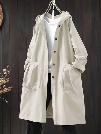 Linhara 大码休闲连帽长款夹克，带大口袋