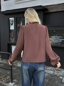 Elyressa An Elegant Autumn Shirt For Women's Woven And Embroidered Vacation Commuting - Coffee Brown - View 2