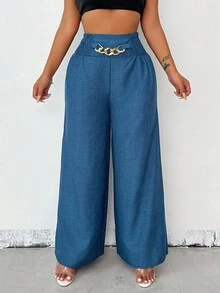 Breezaya Quần ống rộng ống rộng xích kim loại màu xanh thường ngày dành cho nữ, trang phục mùa thu - Màu xanh lam - Xem 6
