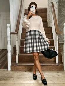 LanaWest Western Style A-Line Pleated Plaid Patchwork Round Neck Long Sleeve Women Short Dress