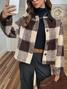 LanaWest Women's Western Casual Large Plaid PU Collar Jacket - Brown - View 6