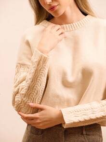 lacRébo Pull avec manches câblées et détail de fente au dos, vêtements d'automne pour femmes, tenues d'automne, vêtements d'automne et d'hiver pour femmes - Nude - Voir 1