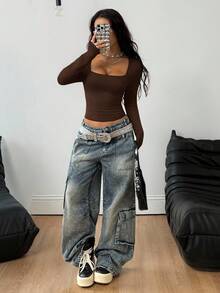 Coolane Women's Fall/Winter Minimalist Y2K Basic Daily Wear Casual Gyaru Stretchy Comfortable Grey Bustier Square Neck Long Sleeve Tees,Brown Top,Fall Clothes For Women