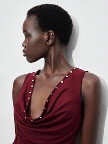 Maija 2pcs Women's Eyelet Metal Design Draped Neck Top And Mini Skirt Set, Winter Dress, Autumn Clothes , Halloween Costumes, Halloween Cosplay, Christmas Party , New Year Clothes , New Year Women,Thanksgiving Outfit For Women,Wine Red Set, Sleeveless Vest, Draped Neckline Design, Feminine Elegance, Large A-Line Silhouette. - Burgundy - View 7