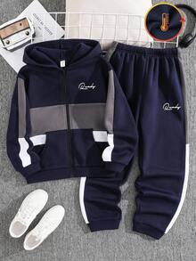 SHEIN 2 Stücke Kinder/Tween-Jungen Lässig Alltag Bequemer Kontrast Farbblock Kapuzenpullover und Jogginghose Set