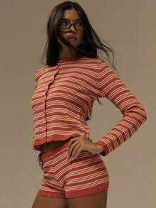 MUSERA Gerippter Rundhals-Streifenknopf-Cardigan, süßer Streetwear-Stil für Herbst, Bauernhaus, Land, Vintage, Herbst, Winter, Thanksgiving, Chic