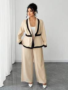 Elenzga Conjunto de 2 piezas de chaqueta y pantalones de manga larga de contraste de color elegante, versátil y de alta gama para mujeres de talla grande - Caqui - Ver 3