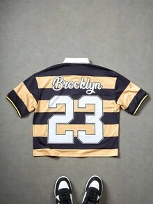 Manfinity Sporsity Men's Letter & Striped Print Casual Short Sleeve Polo Shirt