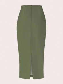 SHEIN Clasi 女式纯色褶皱 PU 皮裙 - 軍綠色 - 查看 2
