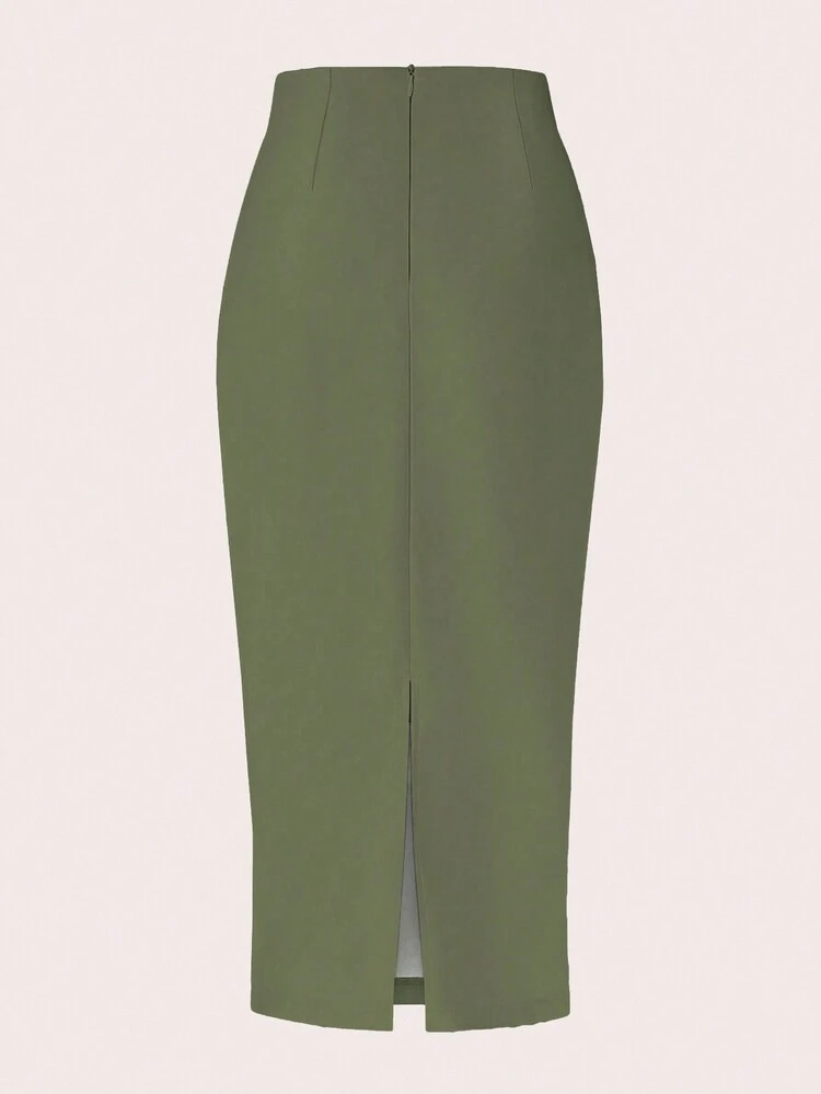 SHEIN Clasi Women's Solid Color Ruched Pu Leather Skirt - Army Green - View 2
