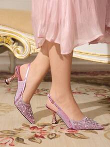 CUCCOO TILAWA 女士时尚紫色闪光水钻装饰尖头露跟高跟鞋，适合春秋季节 - 紫色 - 查看 5