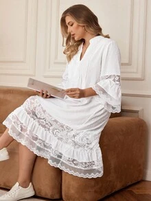 Rosumi Váy ren vá màu trơn thanh lịch cỡ lớn - trắng - Xem 3