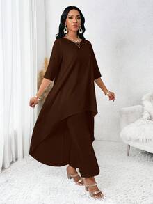SHEIN Lady 四季秋季女装 白色长袖不对称两件套 女士秋季套装 女士套装 女士服装套装 女士两件套 秋季两件套 返校季 秋季女士套装 白色女士套装 女士服装套装 套装 两件套 婚礼礼服 女士两件套 沙滩装 女士沙滩装 女士沙滩裤 - 摩卡棕 - 查看 3