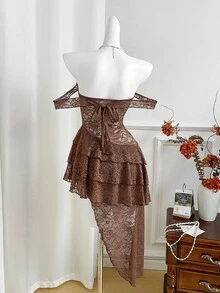 Flirla Retro Elegant Sexy Ruffled Layered Low-Cut Slim Fit Spaghetti Strap Asymmetrical Dress, Versatile For Early Autumn - Brown - View 2