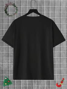 SHEIN 圣诞快乐男士时尚卡通可爱圣诞老人啤酒设计字母标语图形基本款短袖T恤，适合圣诞派对和外出 - 黑色 - 查看 2