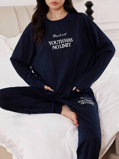 SHEIN 2 件套少女纯色简约字母图案圆领长袖针织睡衣套装，睡衣