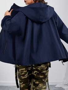 SHEIN CURVE+ Áo khoác có mũ trùm đầu Curves Plus Size/Quần áo đi học/Quần áo trở lại trường/Áo khoác có mũ trùm đầu dây rút vai trễ dành cho nữ cỡ lớn, Quần áo mùa thu dành cho nữ, Mùa đông, CURVE PLUS - Màu xanh hải quân - Xem 3