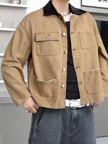 SHEIN 青少年男孩时尚休闲 Y2K 复古酷炫街头返校学院风卡其色撞色皮领长袖牛仔夹克，柔软舒适，适合日常穿着、秋冬季节、锐舞音乐节和街头潮流。 - 卡其色 - 查看 6