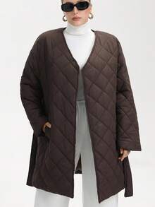 Aveloria Modichic Áo khoác mùa đông thường ngày cỡ lớn dành cho nữ với kiểu dáng tối giản, cổ bẻ, thắt lưng tự buộc, đường khâu chần bông hình thoi, túi bên hông - Cà phê nâu - Xem 5