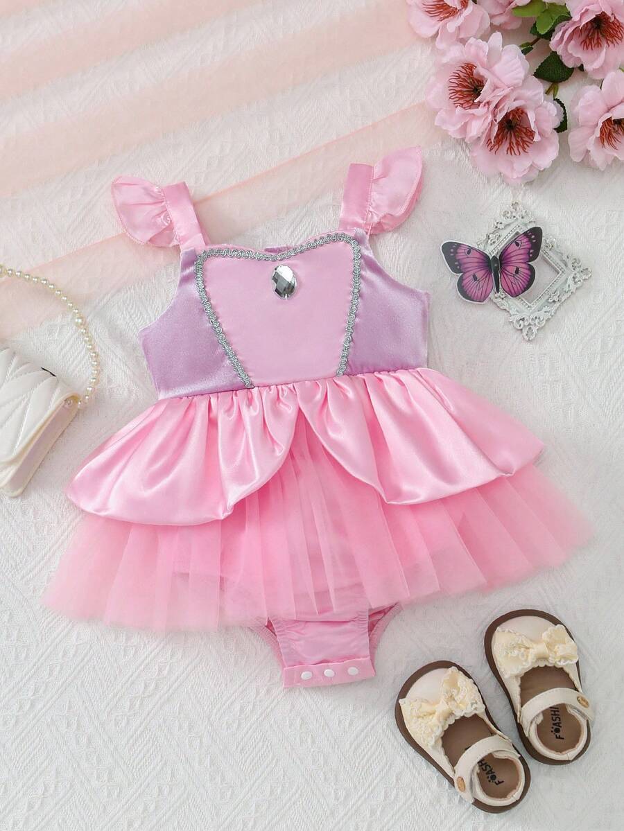 SHEIN Playful Pals Prinzessin Blau Palast Stil Strass Mesh Baby Kleid