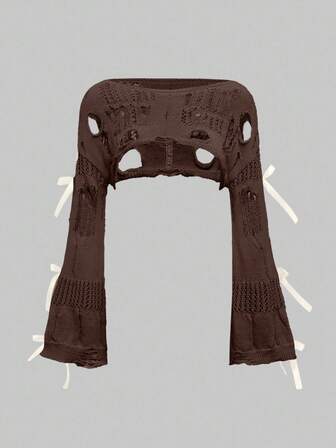 Kawaii Pull oversize ajouré et doux avec nœud pour femmes