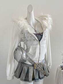 Sweetra Women's Contrast Fuzzy Trim Rhinestone Embellished Hooded Long Sleeve Sweatshirt, Christmas, Zip Up Sweatshirt, White Top, Autumn, Winter - White - View 5