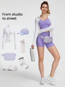 GLOWMODE FeatherFit™ U-Back Crop Active Tank & Quần short dành cho người đi xe đạp kiểm soát bụng 4,3" Bộ Yoga tác động thấp hàng ngày - Màu tím - Xem 9