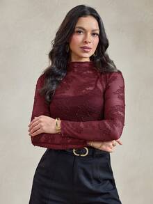 Wildy BOHO Fall Tops Chic Tops Elegant Burgundy Mesh Sheer Lace American Country Music Festival Top - Burgundy - View 4