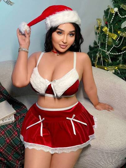 Fantasy Costume 3pcs Plus Size Christmas Color Block Sexy Lingerie Set