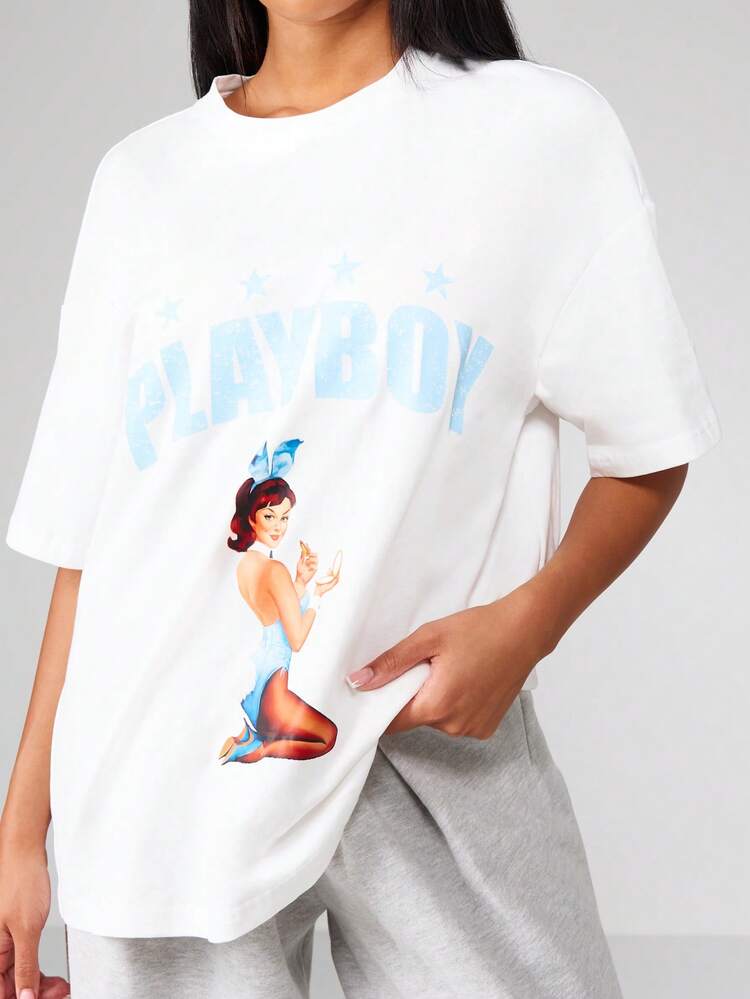 Missguided x Playboy Oversized Pin Up Girl Graphic Tee Retro Aesthetic Vintage Style Modern Classic Print Ladies Summer T-Shirt Fashion Casual Wear