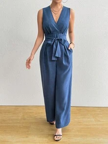 Silhoulove 女士优雅度假交叉前系带口袋宽腿休闲连体裤 - 藍色 - 查看 3