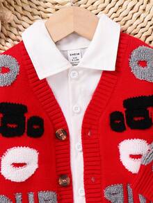 SHEIN Baby Boy/Girl Minimalist Letter Pattern Knit Soft V-Neck Long Sleeve Cardigan Sweater, Casual & Fashionable For Indoor & Outdoor, Autumn/Winter