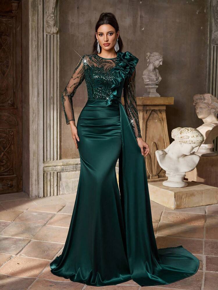 Aureia Elegant, Luxurious, Dignified, Opulent, Emerald Green, Sequin Fabric, Satin Patchwork, Long Sleeve, Fishtail Hem, Train, Suitable For Vacation, Wedding, Bachelorette Party, Formal Ball, Gala Dinner Dress - Dark Green - View 2