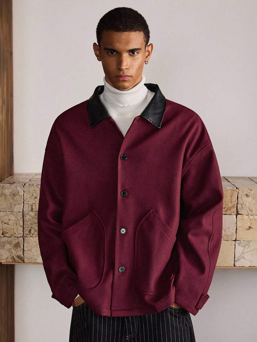 SWAVVY Men's Fashion PU Collar Jacket, Autumn/Winter - Burgundy - View 1