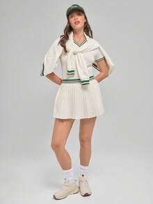 Menodora SHEIN Sport Women's Pleated Tennis Skirt With Built-In Shorts,Ball Pocket,Stretch Waistband,White,Autumn,Athleisure,Golf,Back-To-School,Sporty Contrast Trim,Light - Beige - View 3