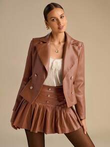 Enchnt Fall/Winter Romantic Women's Brown Lapel Neck Long Sleeve Double-Breasted Fashion PU Leather Jacket,Chic&Elegant For Date&Daily Commuting&Office&Going Out,Autumn Jacket For Women,Fall Clothes For Women,Autumn Outfits For Women